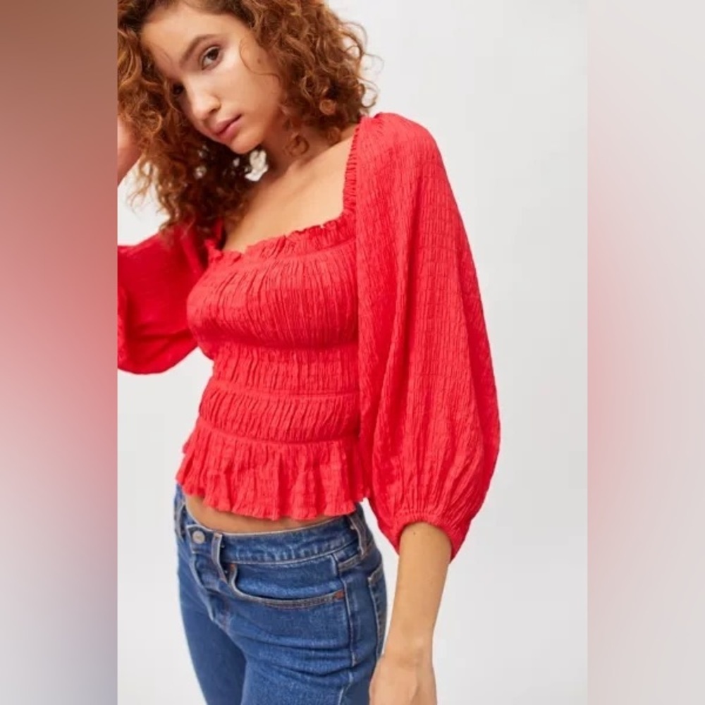 Urban Outfitters Red Vida Lace-Back Smocked Balloon Sleeve Crop Top Size S
